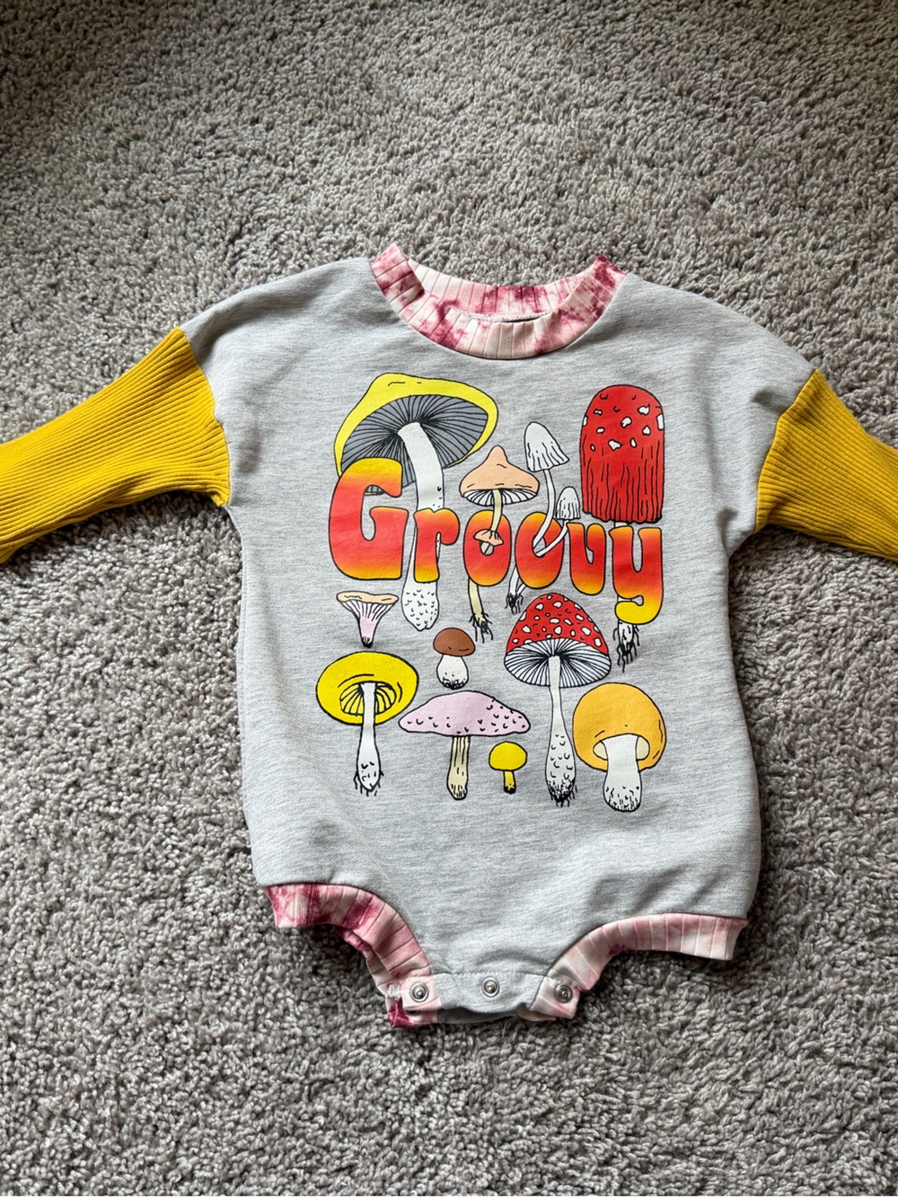 Kids One-Piece Romper with Yellow Sleeves and Mushroom Graphic
